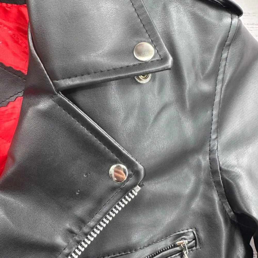 Straight to Hell Moto‎ Jacket Large Black Faux Leather Red Quilted Lined Belted
